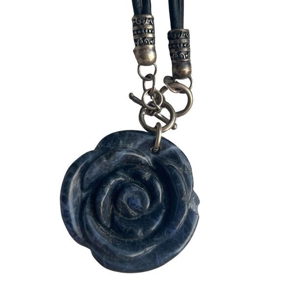 Vintage Genuine Blue Lapis Rose Pendent 925 Toggle Leather Choker Necklace - Picture 12 of 14